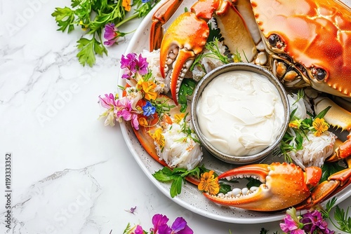 Gourmet crab legs beautifully arranged with herbs and edible flowers on a marble table photo