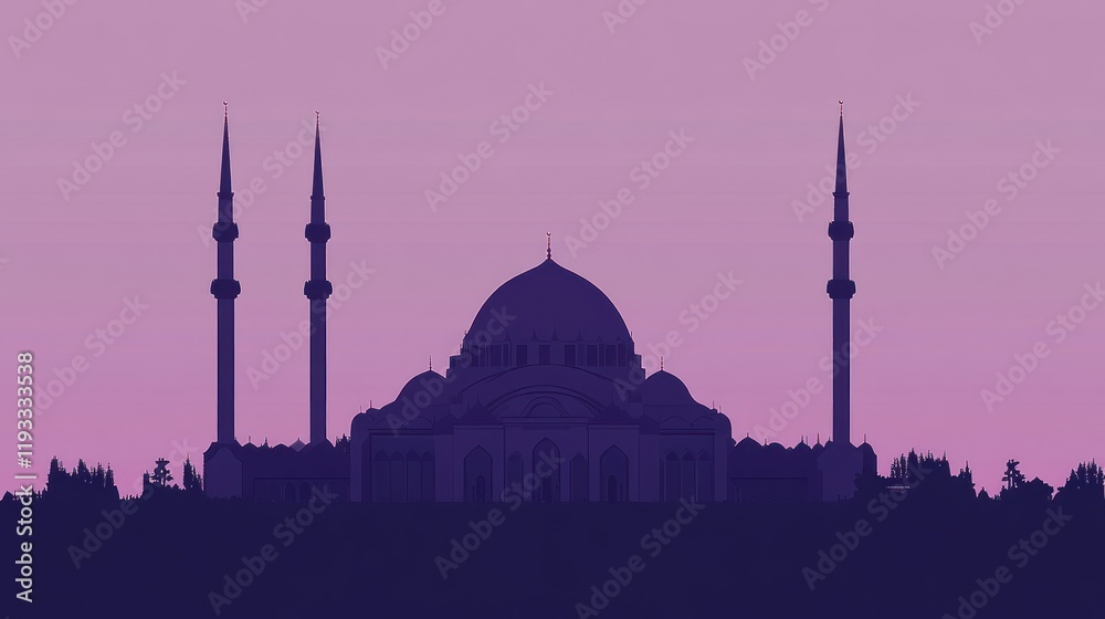 Fototapeta premium Flat Vector Silhouette of Mosque with Large Dome and Minarets