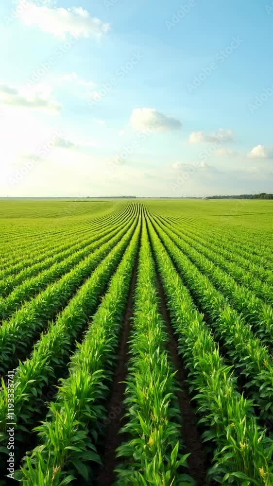 Vast Green Soybean Field Under a Bright Summer Sky: A Panoramic View of Lush Agricultural Land Vast Green Soybean Field Under a Bright Summer Sky: A Panoramic View of Lush Agricultural Land