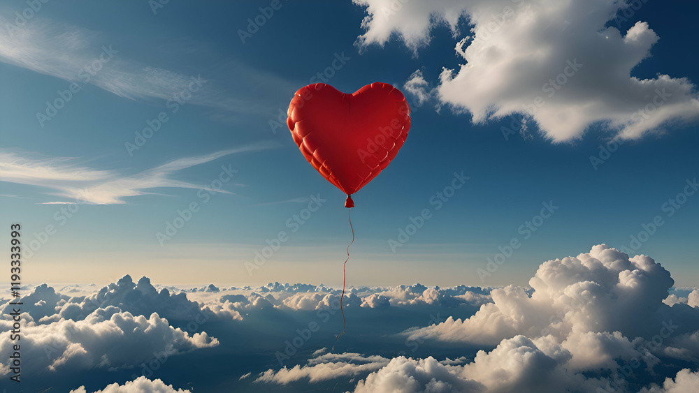Fototapeta premium A vibrant red heart-shaped balloon soaring in a bright blue sky with soft clouds around it. Below, there’s a scenic landscape, evoking feelings of freedom and love on Valentine's Day.