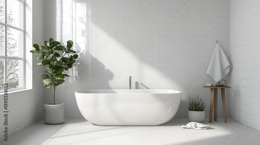 Fototapeta premium White tiled bathroom wall texture with clean geometric patterns. 