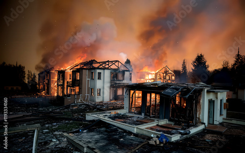 Residential neighborhood on fire at night, seen from above photo