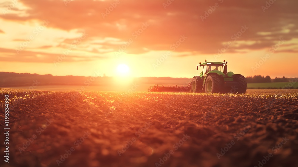 Fototapeta premium Beautiful Sunset Over Agricultural Field with Tractor Plowing Soil and Warm Orange Sky, Capturing the Essence of Rural Life and Farming Activities in the Countryside