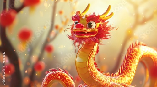 A charming illustration of a small, colorful snake dragon performing in a parade for Chinese New Year