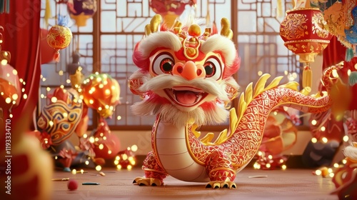 A cute cartoon snake dragon performing a traditional dance with colorful costumes and decorations
