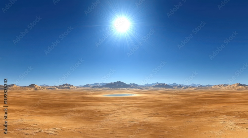 Sunlit Desert Landscape with Distant Mountains and Oasis - A Serene Natural Beauty Sunlit Desert Landscape with Distant Mountains and Oasis - A Serene Natural Beauty