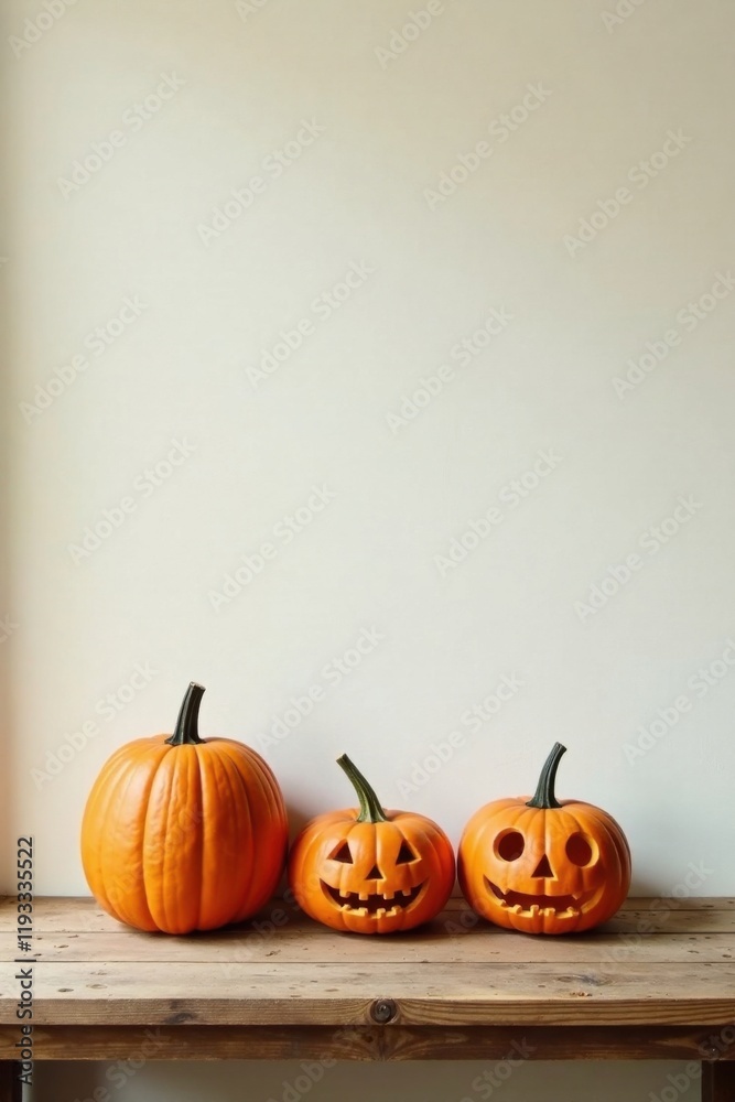 Three carved pumpkins rest on a rustic wooden surface against a neutral backdrop Three carved pumpkins rest on a rustic wooden surface against a neutral backdrop