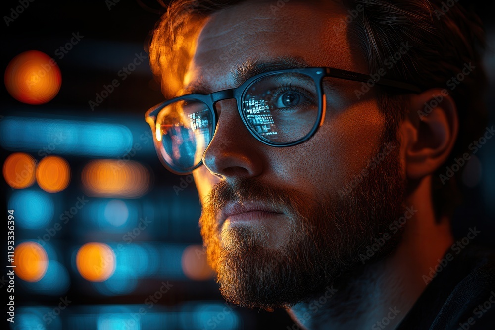Focused young man studies data while illuminated by colorful lights in a modern workspace at night Focused young man studies data while illuminated by colorful lights in a modern workspace at night