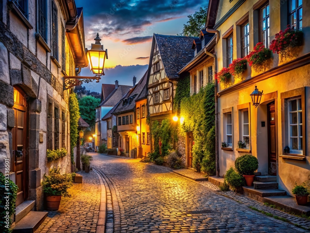 Fototapeta premium Charming European Village Night - Low Light Street Scene