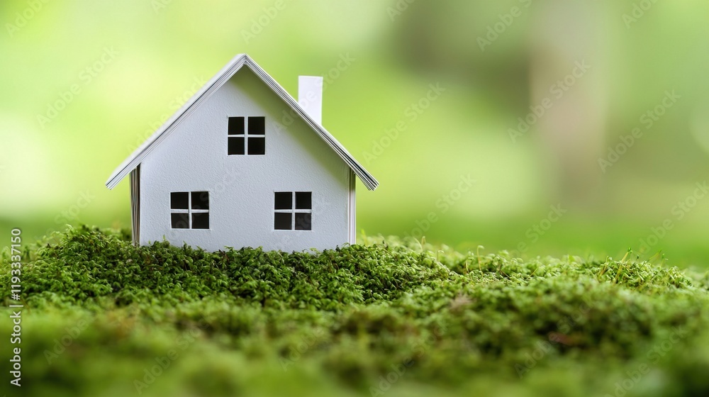 Small Paper House Nestled in Lush Green Moss Under Soft Light, Paper eco friendly house concept. Small Paper House Nestled in Lush Green Moss Under Soft Light, Paper eco friendly house concept.