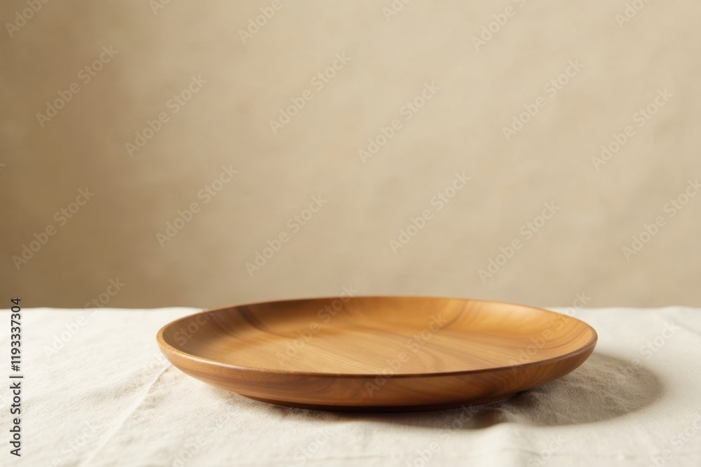 Empty wooden platter on a light beige fabric surface against a muted background Empty wooden platter on a light beige fabric surface against a muted background