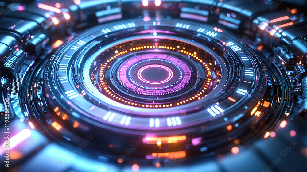 Abstract representation of glowing AI core with vibrant colors and intricate details, showcasing futuristic design. circular patterns and lights create mesmerizing effect Abstract representation of glowing AI core with vibrant colors and intricate details, showcasing futuristic design. circular patterns and lights create mesmerizing effect