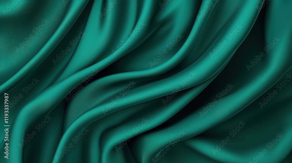 Fototapeta premium Soft emerald green silk fabric with elegant folds and smooth texture, creating luxurious appearance. Perfect for various design projects and textile applications