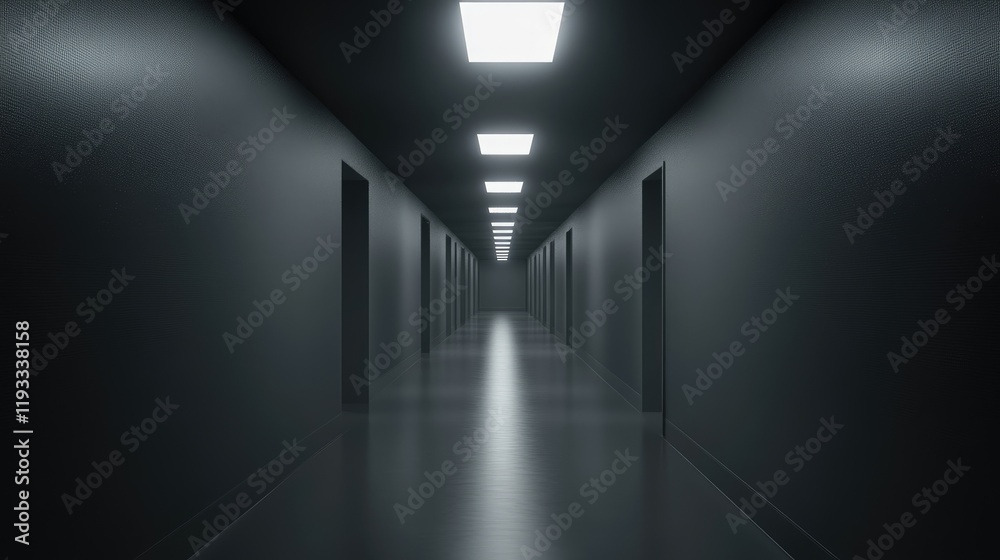 Obraz premium A professional office corridor with sleek flooring, soft lighting, and a blank light wall ready for posters or branding.