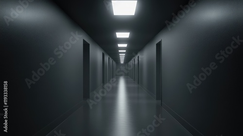 A professional office corridor with sleek flooring, soft lighting, and a blank light wall ready for posters or branding.