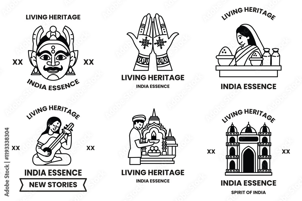 Fototapeta premium Set of illustrations in the concept of Indian culture and Indian tourism in line drawing style