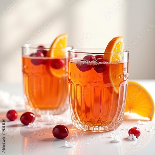 Vibrant glasses filled with a delightful drink, featuring bright orange slices and red cranberries, bask in the warm sunlight of a cozy setting, radiating cheerfulness