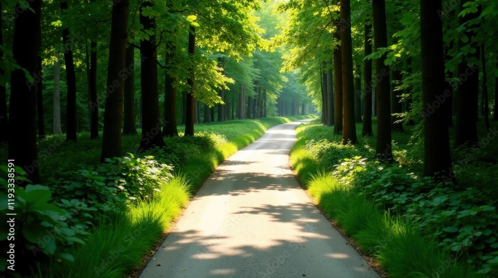 Obraz premium Sunlit Path Through a Verdant Canopy of Trees A Serene Landscape of Nature's Beauty