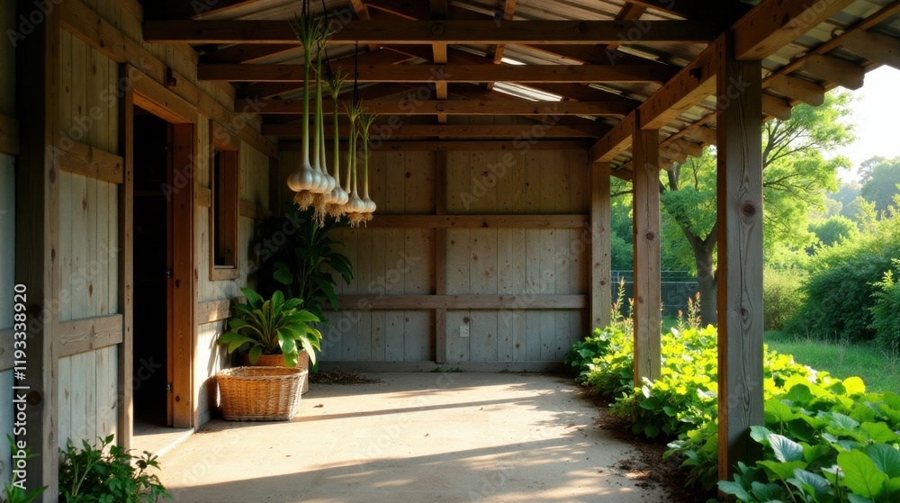 Rustic Porch with Hanging Garlic Bulbs and Lush Greenery in the Warm Afternoon Sunlight Rustic Porch with Hanging Garlic Bulbs and Lush Greenery in the Warm Afternoon Sunlight