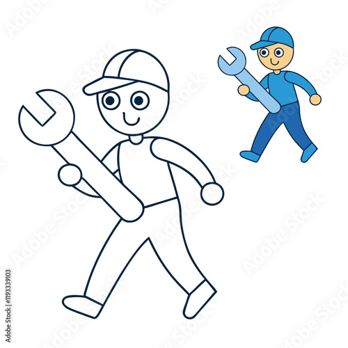 A simple coloring page featuring a man holding a large wrench, ready for repairs or maintenance work. The figure is outlined, allowing for creative coloring and detailing.