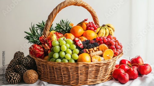 Fototapeta Naklejka Na Ścianę i Meble -  A beautifully arranged gift basket filled with fruits, snacks, and festive items for Chinese New Year