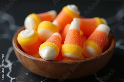 A wooden bowl brimming with vibrant candy corn delights captures the spirit of autumn festivities. The orange, yellow, and white treats beckon sweet cravings and seasonal joy photo