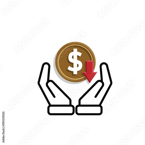 coin icon. money weakens/falls in hand. money management vector, business and finance icon, showing continuous movement. Mixed design style