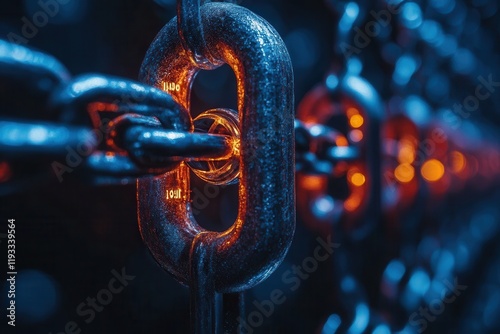 Intricate chain links illuminated with orange light in a dark setting showcasing industrial strength and design