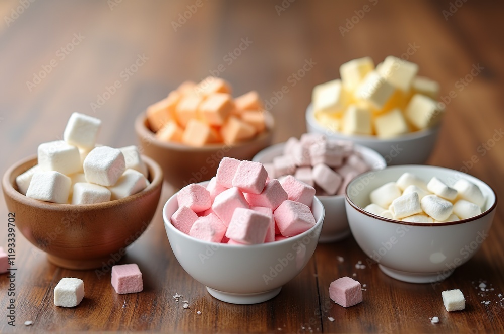 Bowls filled with pastel-colored marshmallows in various shades bring a playful atmosphere to dessert tables, inviting sweet indulgence and joyful sharing among friends and family Bowls filled with pastel-colored marshmallows in various shades bring a playful atmosphere to dessert tables, inviting sweet indulgence and joyful sharing among friends and family