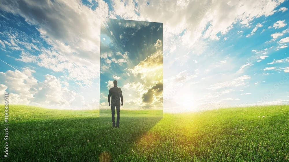 Man walking through surreal doorway in a grassy field Man walking through surreal doorway in a grassy field