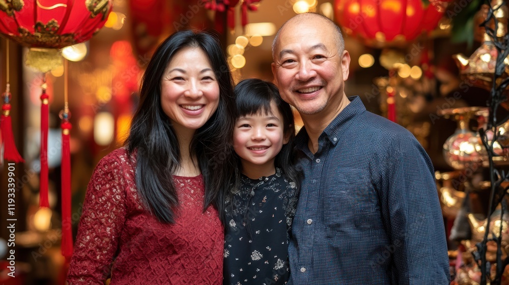 A family of four smiling for a Chinese New Year portrait in front of a beautifully decorated house A family of four smiling for a Chinese New Year portrait in front of a beautifully decorated house