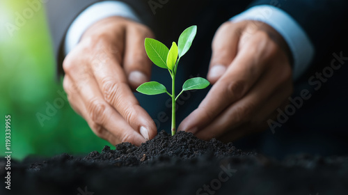 Careful hands nurturing a young green plant in fertile soil