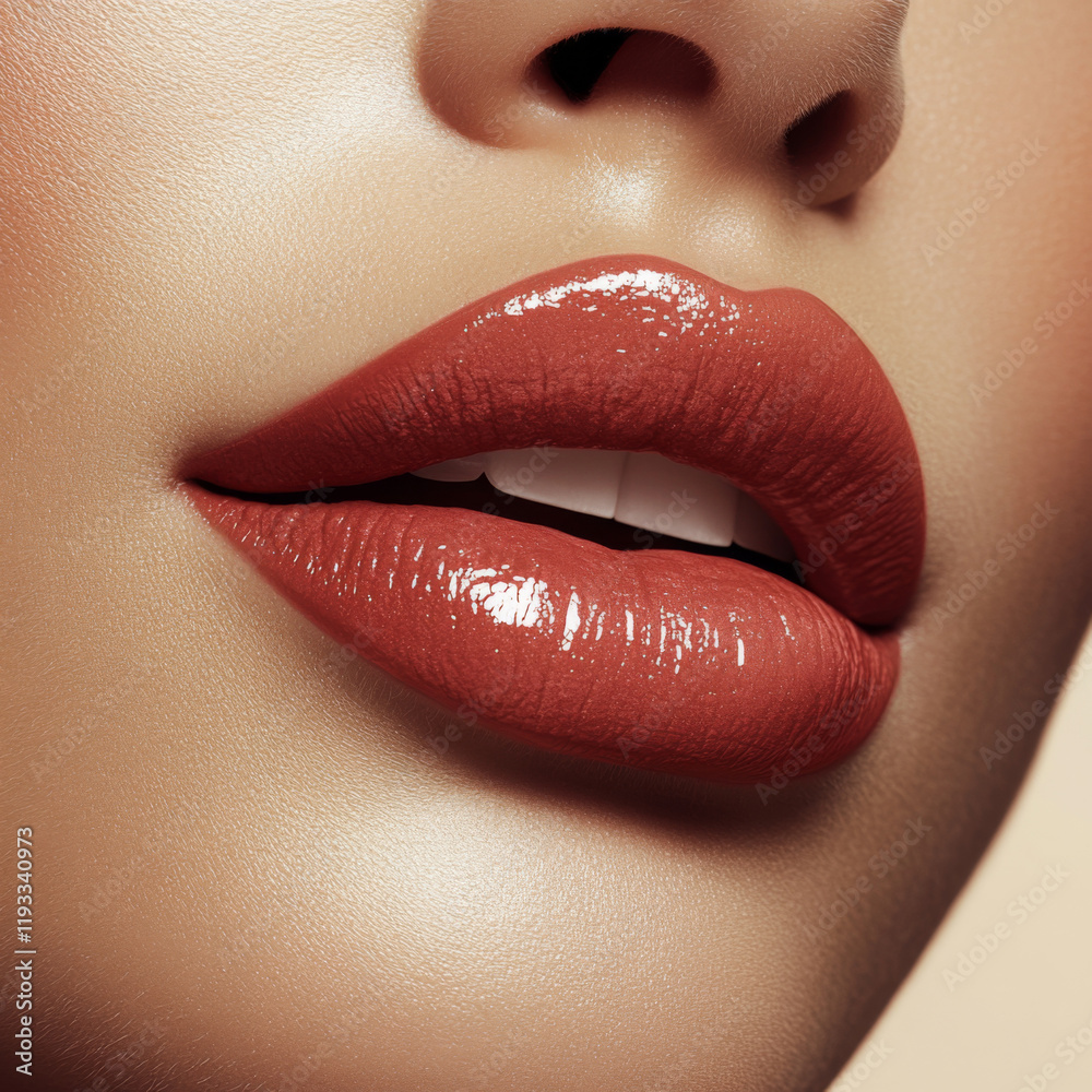 Fototapeta premium Glossy lips with warm, rich color create striking and alluring look, perfect for beauty and fashion themes. smooth texture enhances overall appeal