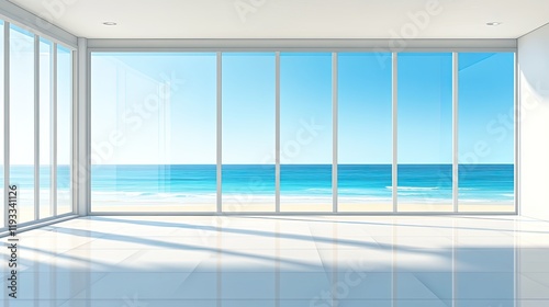 Contemporary Nordic design with an empty white room  clean lines  and a vibrant summer view through the glass-paneled window. -