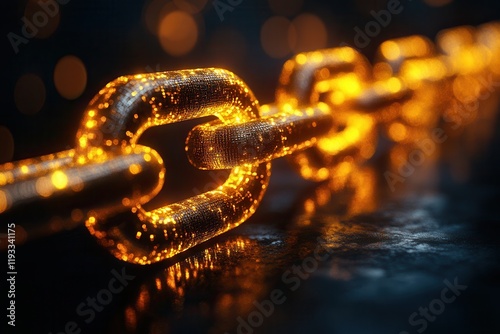 Golden glowing chain links connect with a dark background during a digital art creation process photo