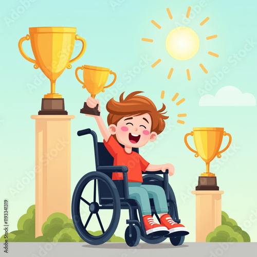 Vector illustration depicts a child in a wheelchair holding up a golden trophy cup, surrounded by additional trophies and a sunny sky with clouds.