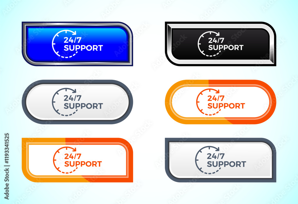 Obraz premium 24/7 Support button set of different shapes and colors. Suitable for mobile app, and website UI design.