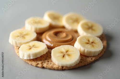 A crisp round base is topped with creamy nut spread and arranged with fresh banana slices, creating a colorful and nutritious treat for any time of day, ideal for a quick snack or breakfast photo