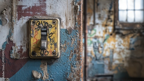 Vintage Light Switch on a Weathered Wall with Graffiti in an Abandoned Building Interior Capturing Urban Decay and Forgotten Spaces photo