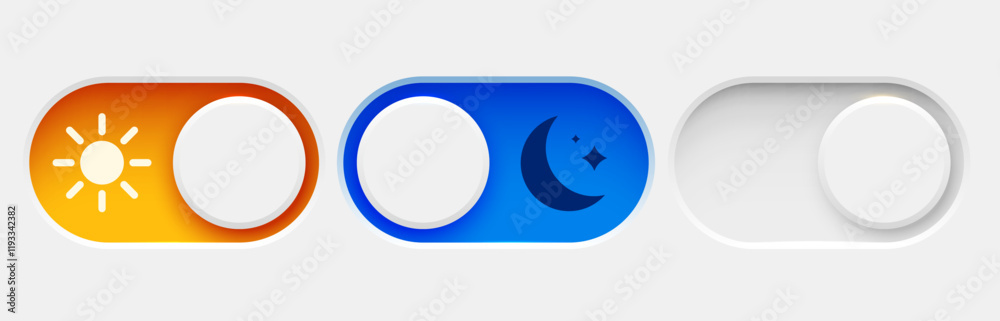 On and Off toggle switch buttons. Dark mode and light mode. Material design switch set. Day and night mode switch button.
