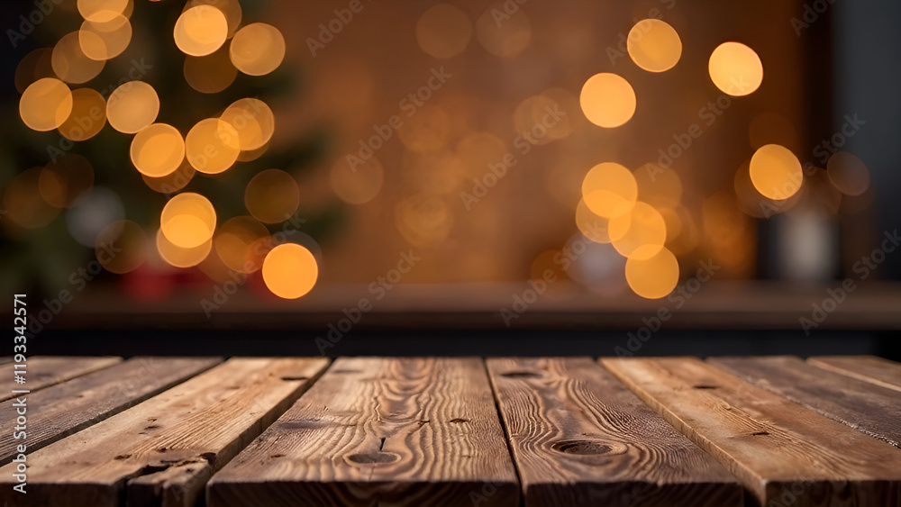 Abstract Background. A beautifully crafted wooden table adorned with festive lights glowing gently in the background, creating a warm ambiance