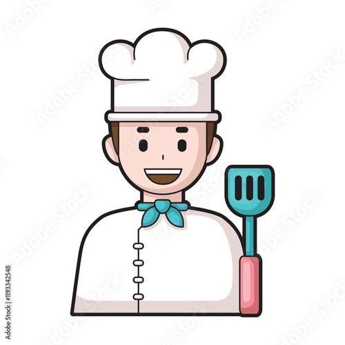 Happy chef with spatula suitable for food blogs, cooking websites, restaurant promotions, and culinary advertisements