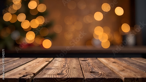 Obraz na płótnie Abstract Background. A beautifully crafted wooden table adorned with festive lights glowing gently in the background, creating a warm ambiance w salonie