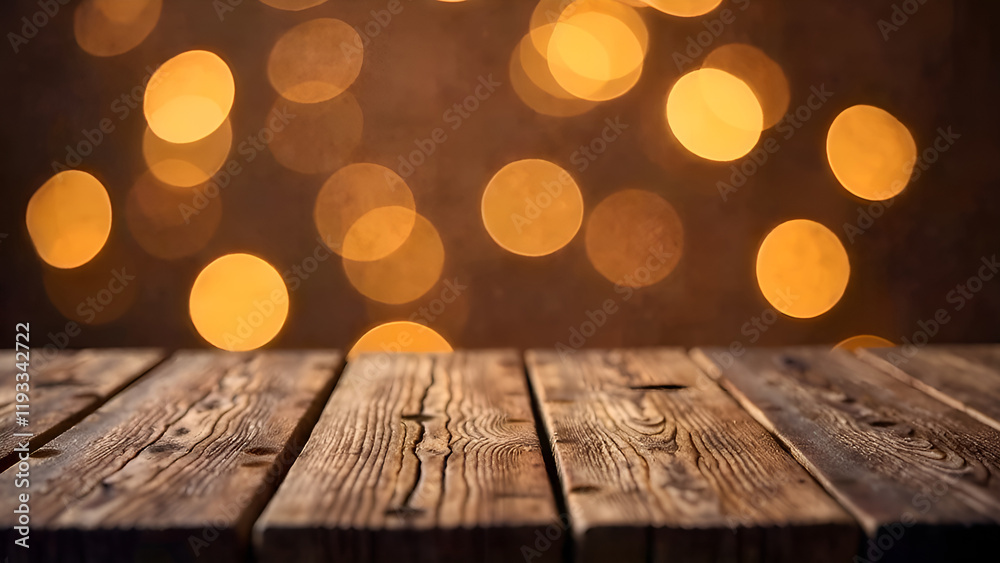 Abstract Background. A beautifully crafted wooden table adorned with festive lights glowing gently in the background, creating a warm ambiance