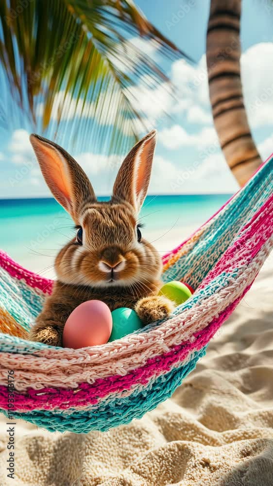 A cheerful Easter bunny lounges in a hammock by the beach, surrounded by vibrant eggs under a clear sky and palm trees
