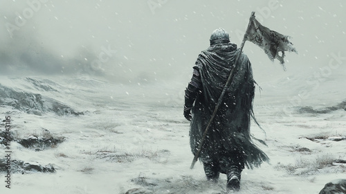 A knight with a tattered flag strapped to his back trudges through the snow, his armor covered in frost. The landscape is barren, and the sound of the wind is the only thing that fills the air.