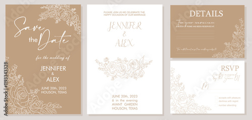 Elegant Wedding Invitation, Save the Date template with RSVP, Details cards. Minimalist botanical stylish Wedding Invitation set, trendy rose flower line art on neutral gold color Vector illustration.