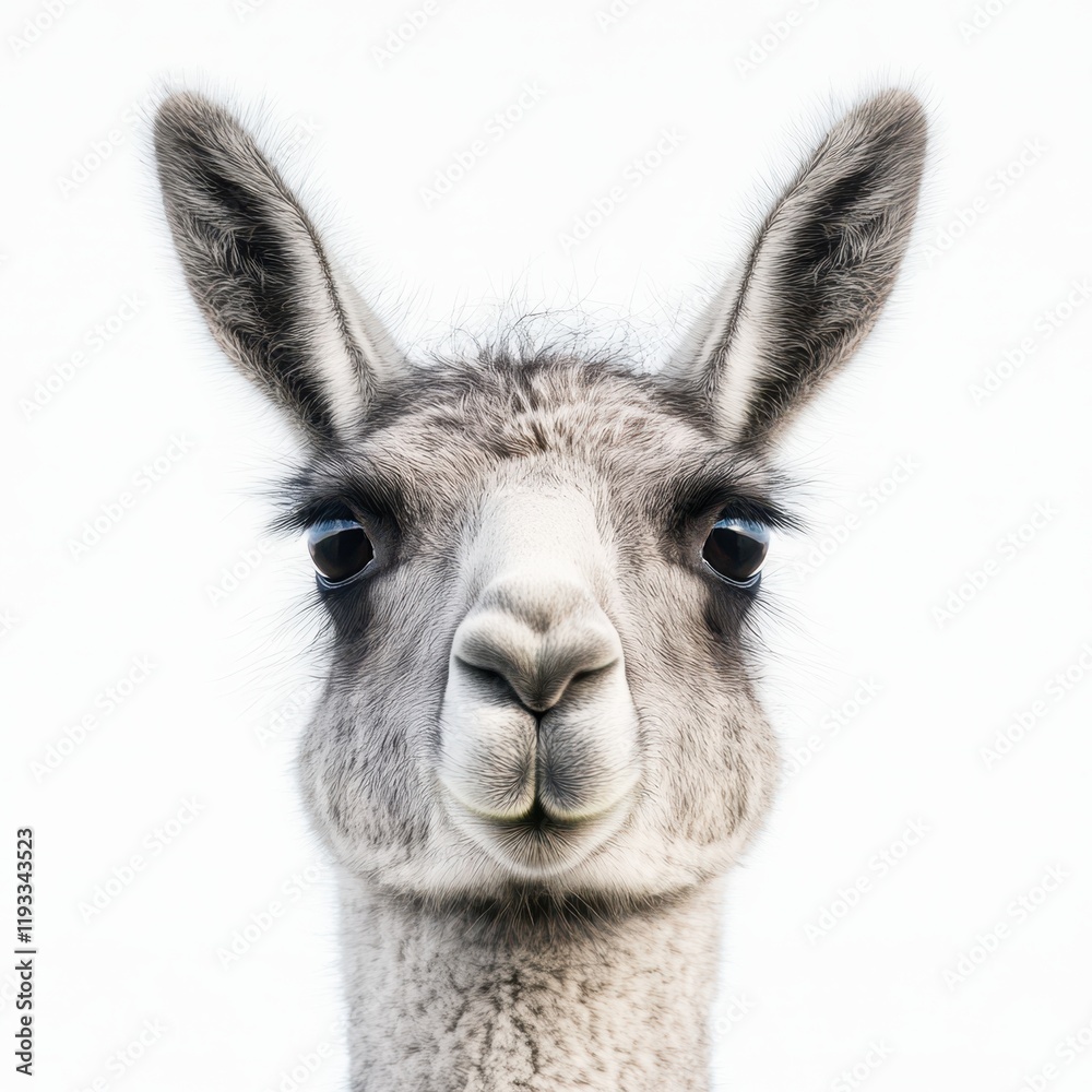 Obraz premium A curious llama gazes directly at the camera, showcasing its distinct features and playful demeanor in a captivating portrait.