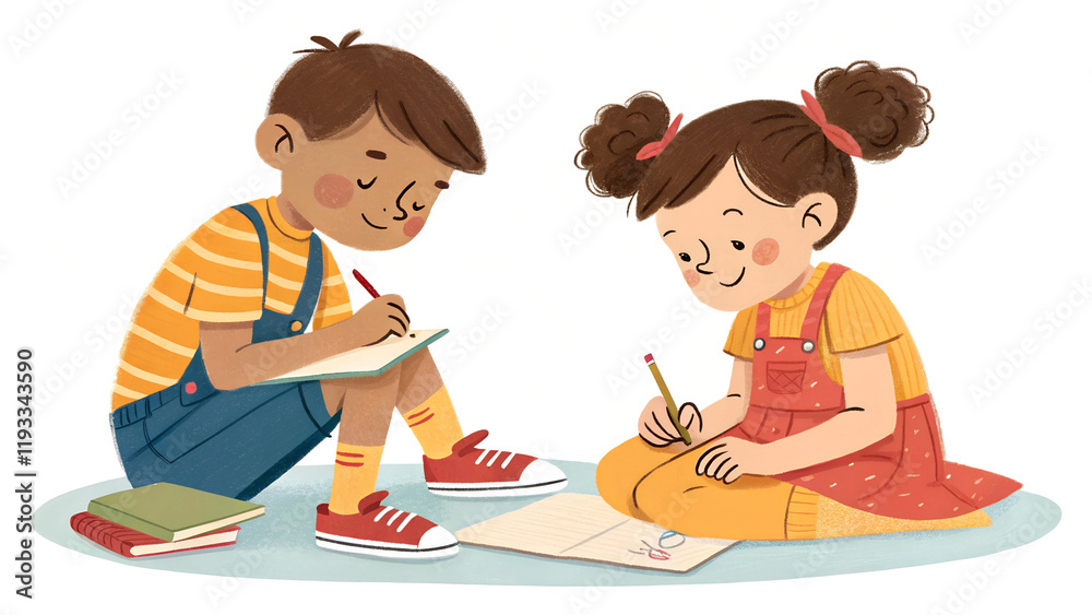 Happy children drawing and reading on paper and books, smiling kids cartoon illustration for 2025 education calendar, poster, banner, full HD vector design with boy, girl, and fun colorful art Happy children drawing and reading on paper and books, smiling kids cartoon illustration for 2025 education calendar, poster, banner, full HD vector design with boy, girl, and fun colorful art