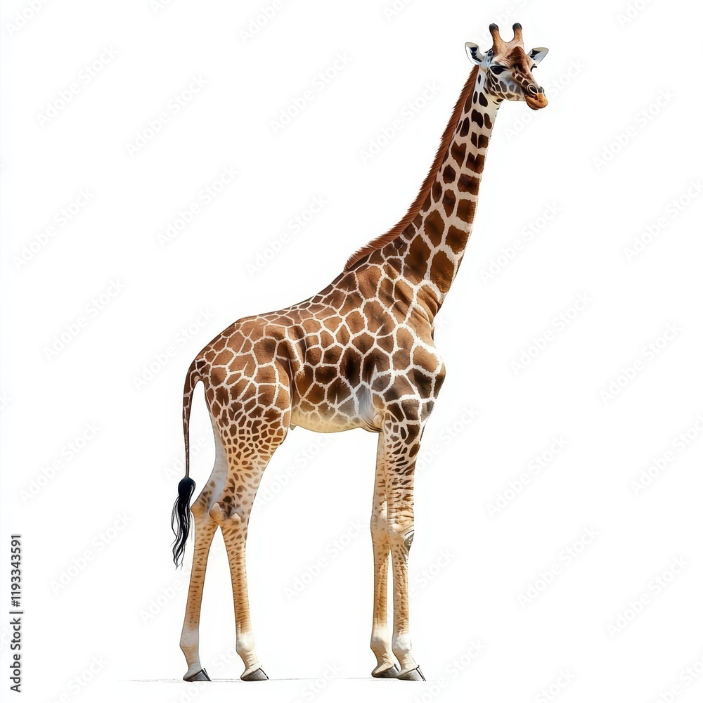 Naklejka premium A solitary giraffe stands prominently against a stark white background, highlighting its unique features and graceful stature.
